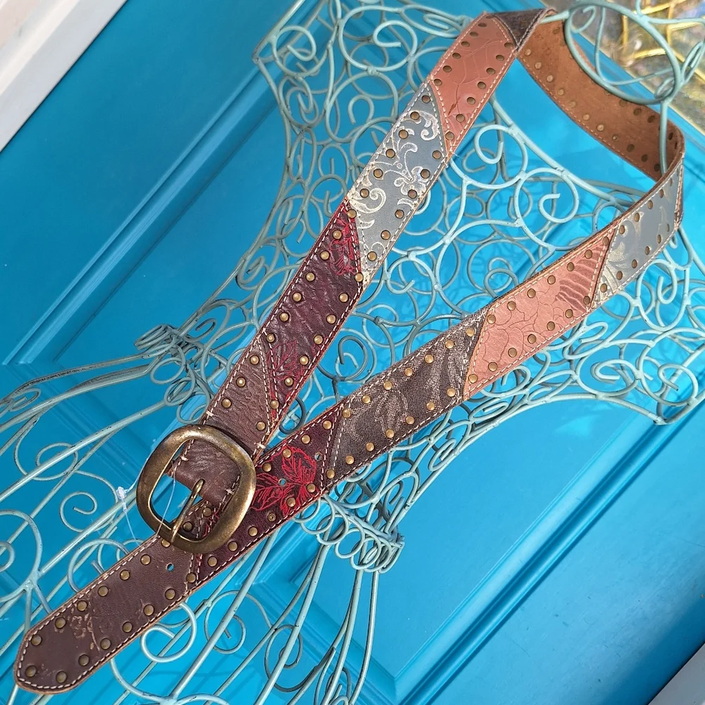 Genuine Leather Belt Metal Studded Embossed Patchwork Bohemian Tooled Womens - Picture 15 of 16